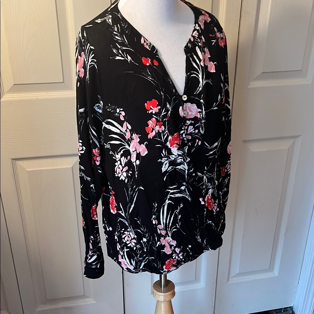 Christopher & Banks Red Black Long Sleeve Blouse